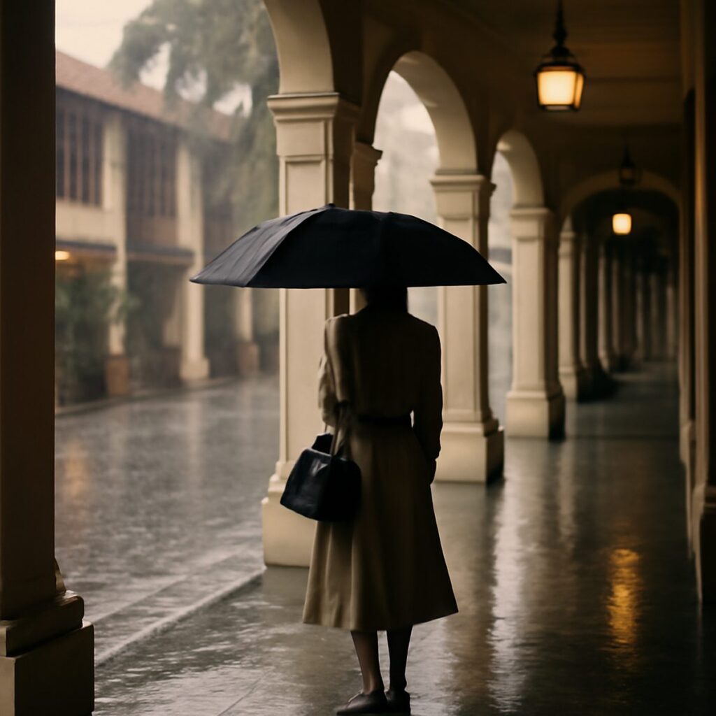 Man in light jacket walking past shophouse awnings during rain