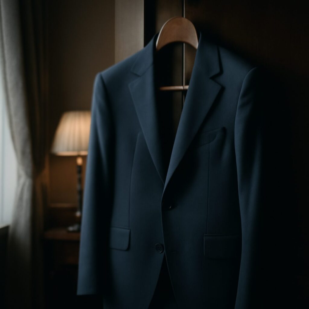 tailored navy suit jacket hanging beside folded white dress shirts
