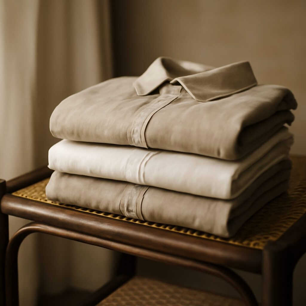 Linen shirts and lightweight trousers folded neatly on a rattan shelf