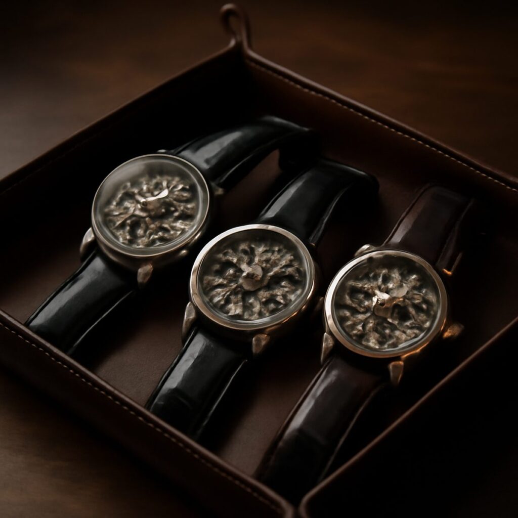 Three mechanical watches arranged on a dark leather valet tray