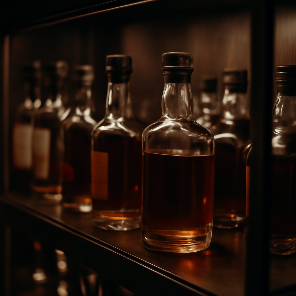 rows of whisky bottles and glasses arranged on a wooden shelf