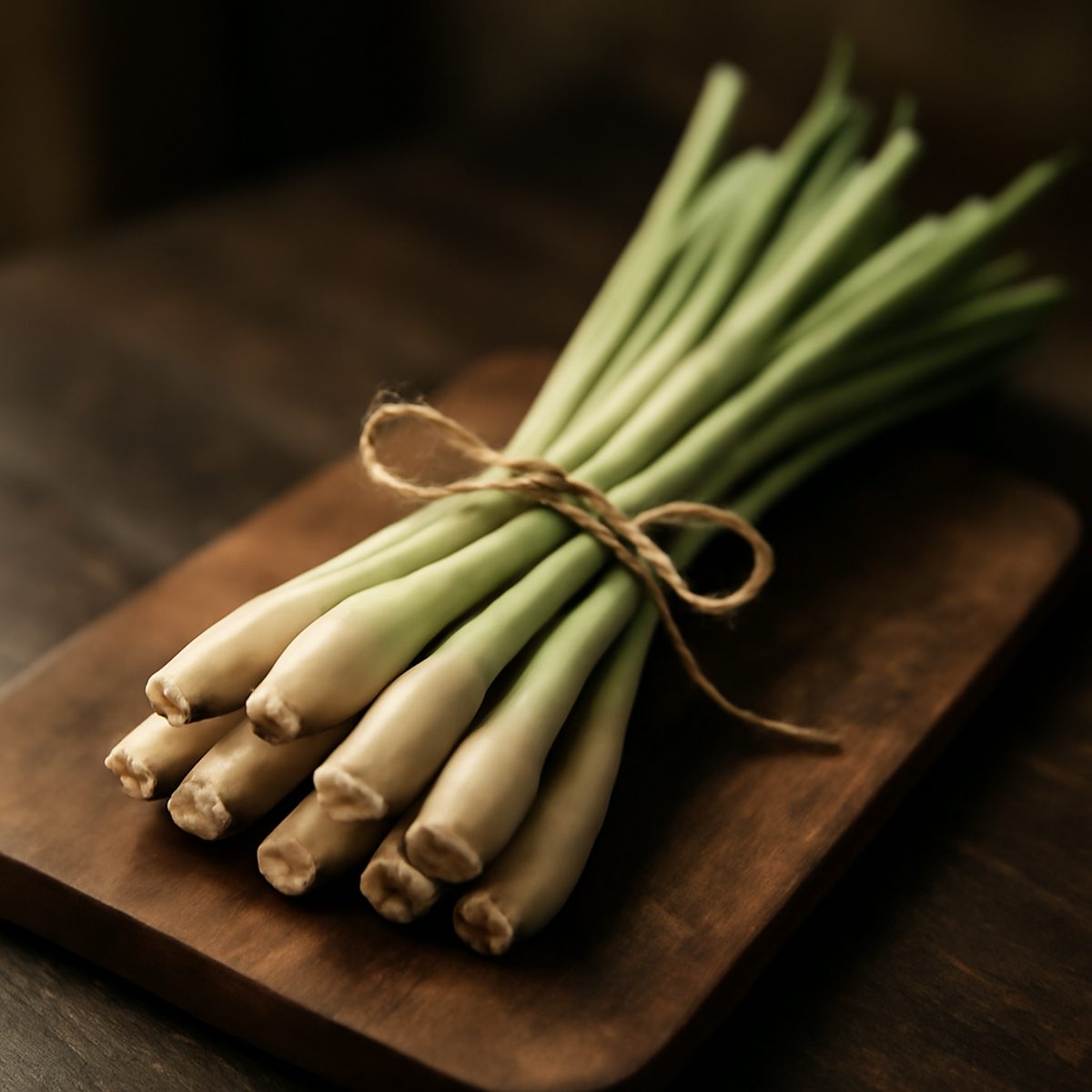 bundle of fresh lemongrass stalks on a wooden chopping board