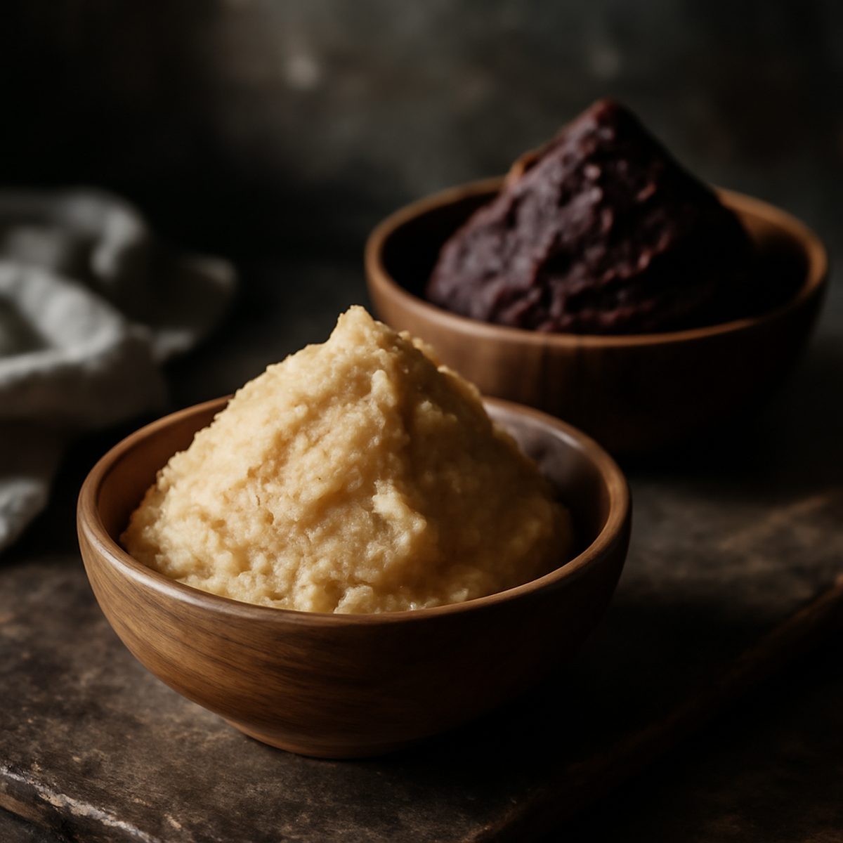 wooden bowls of pale white and dark red miso paste on a kitchen counter