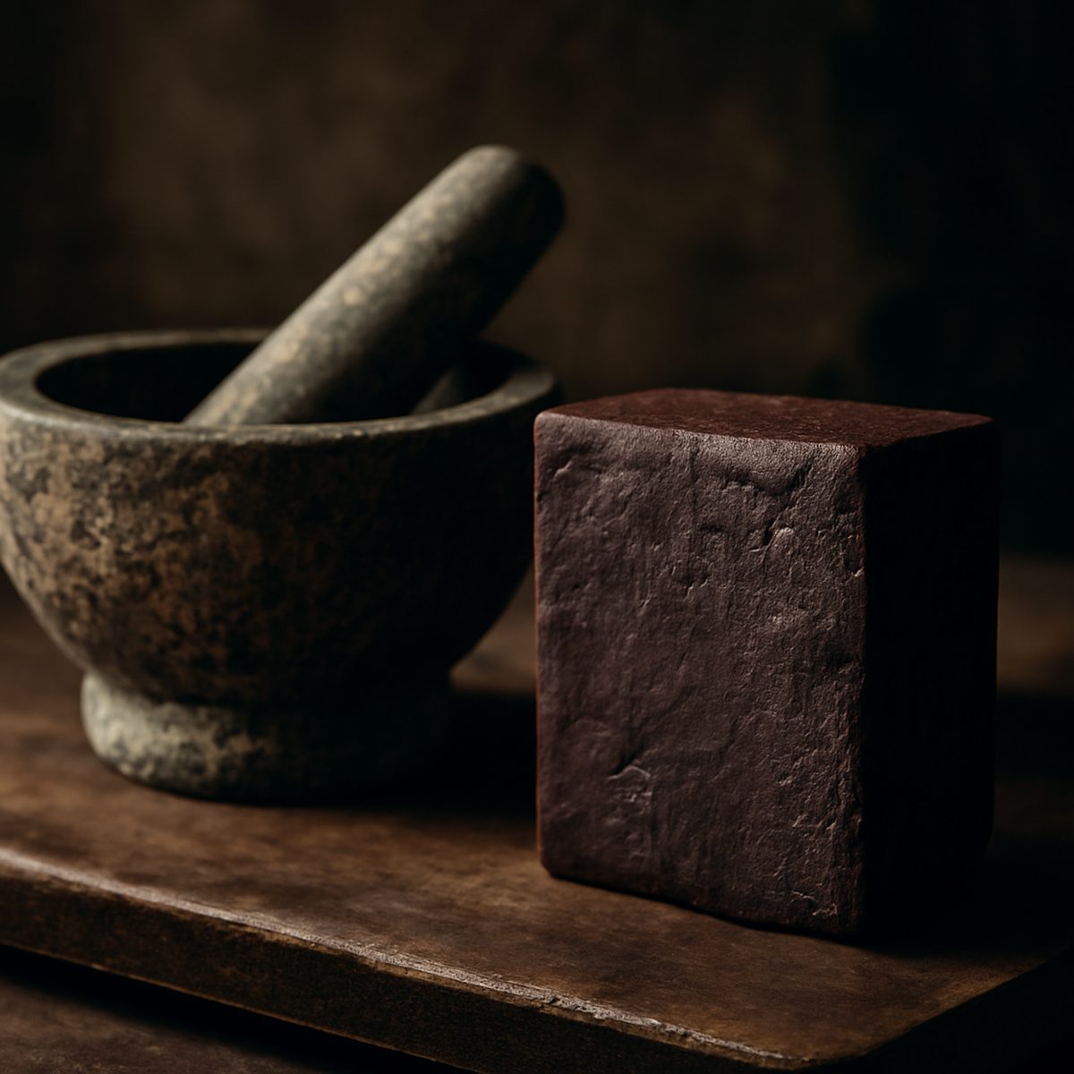 Dark block of shrimp paste beside mortar and pestle on wooden board