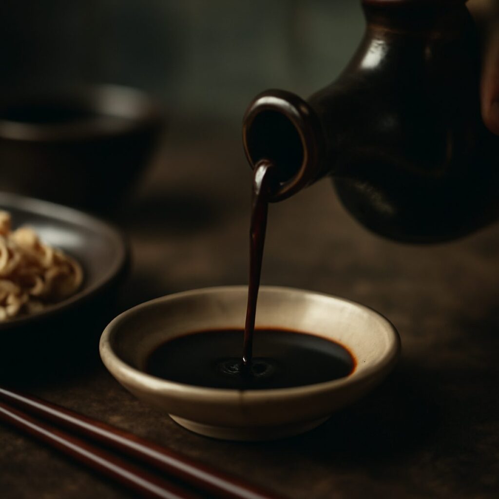 Dark soy sauce being poured from a glass bottle into a small dish