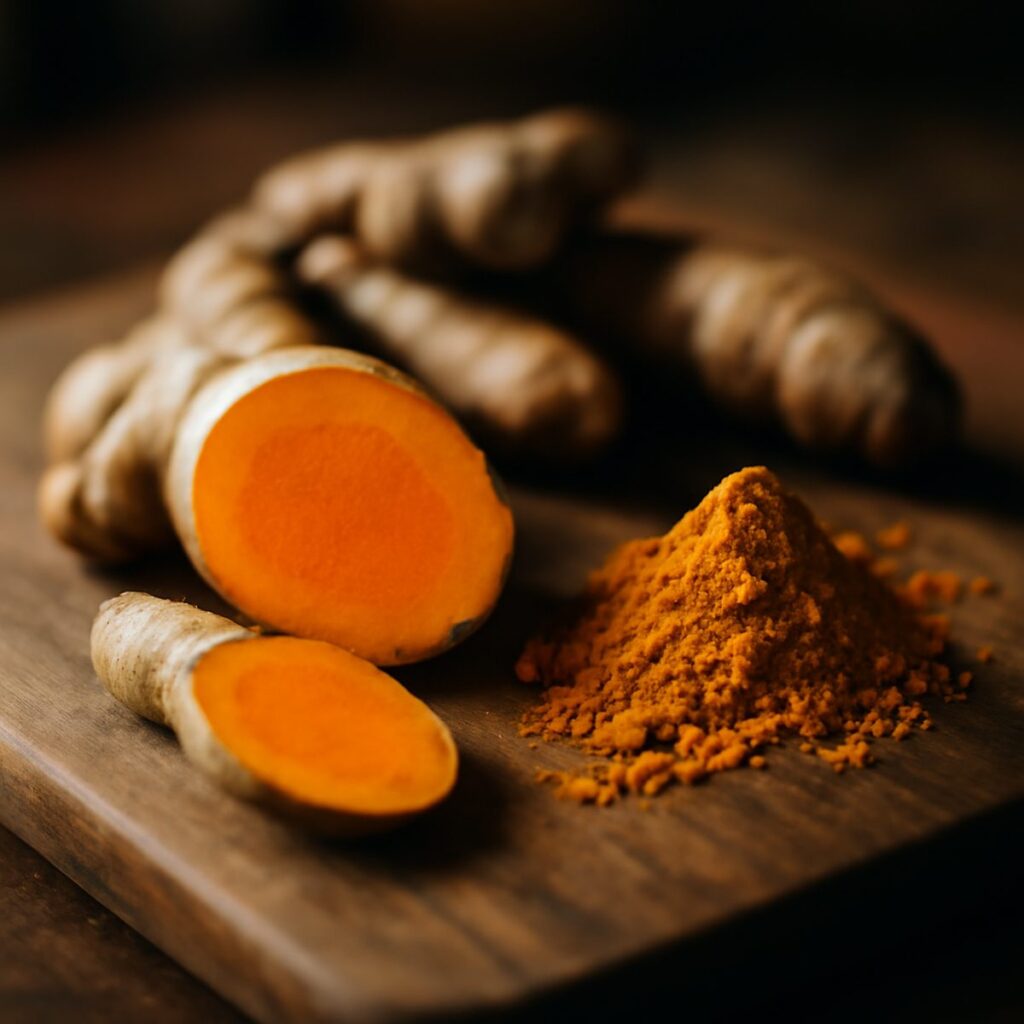 fresh turmeric roots and ground turmeric powder on wooden chopping board