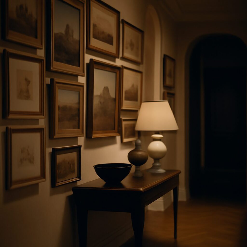 framed artwork hung above a console table in a bright hallway