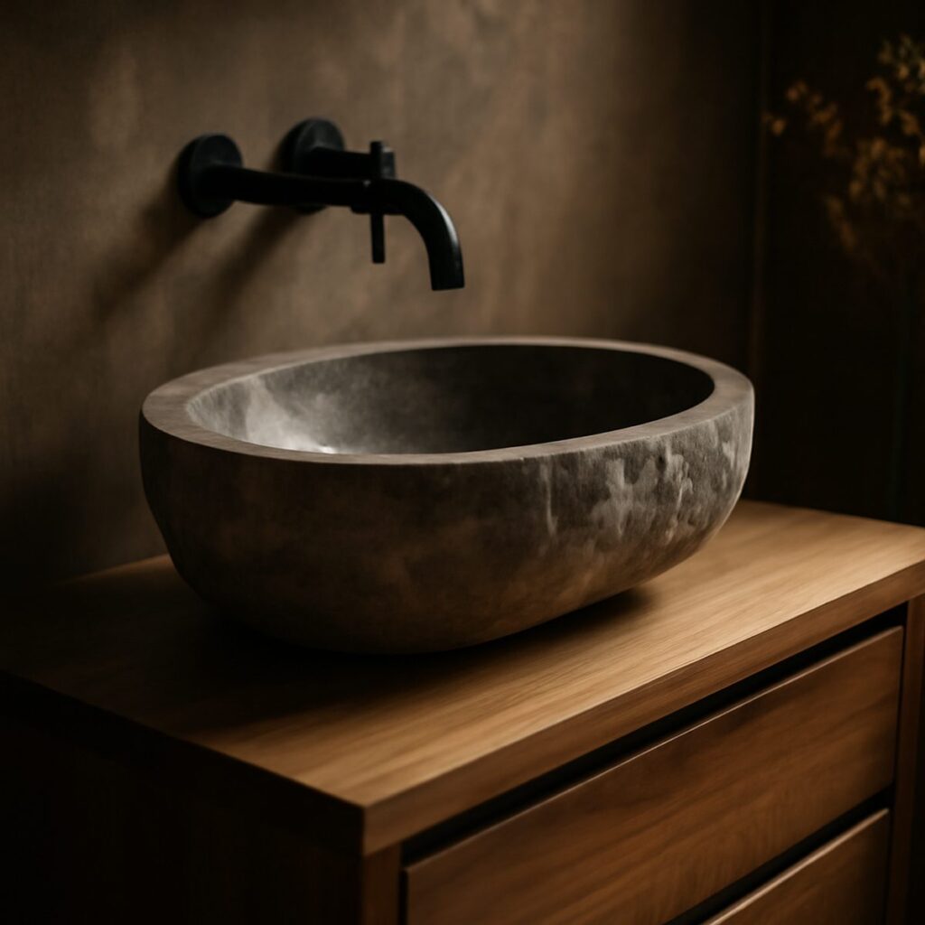 Freestanding stone vessel basin on a timber vanity counter