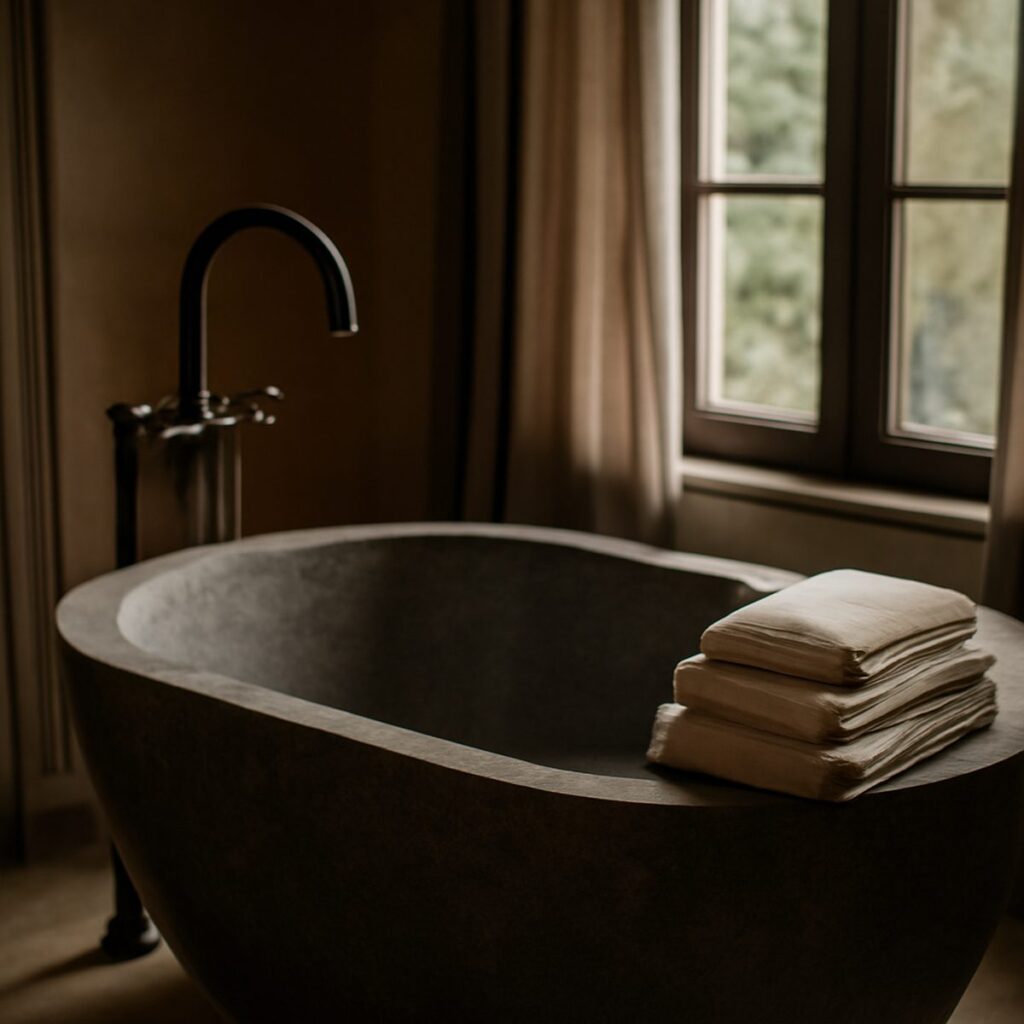 Freestanding oval stone bathtub beside a window with soft natural light