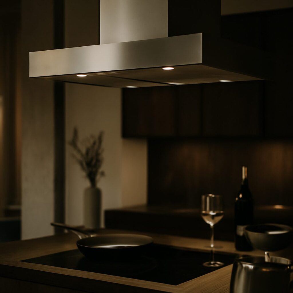 Stainless steel extractor hood mounted above a kitchen island hob