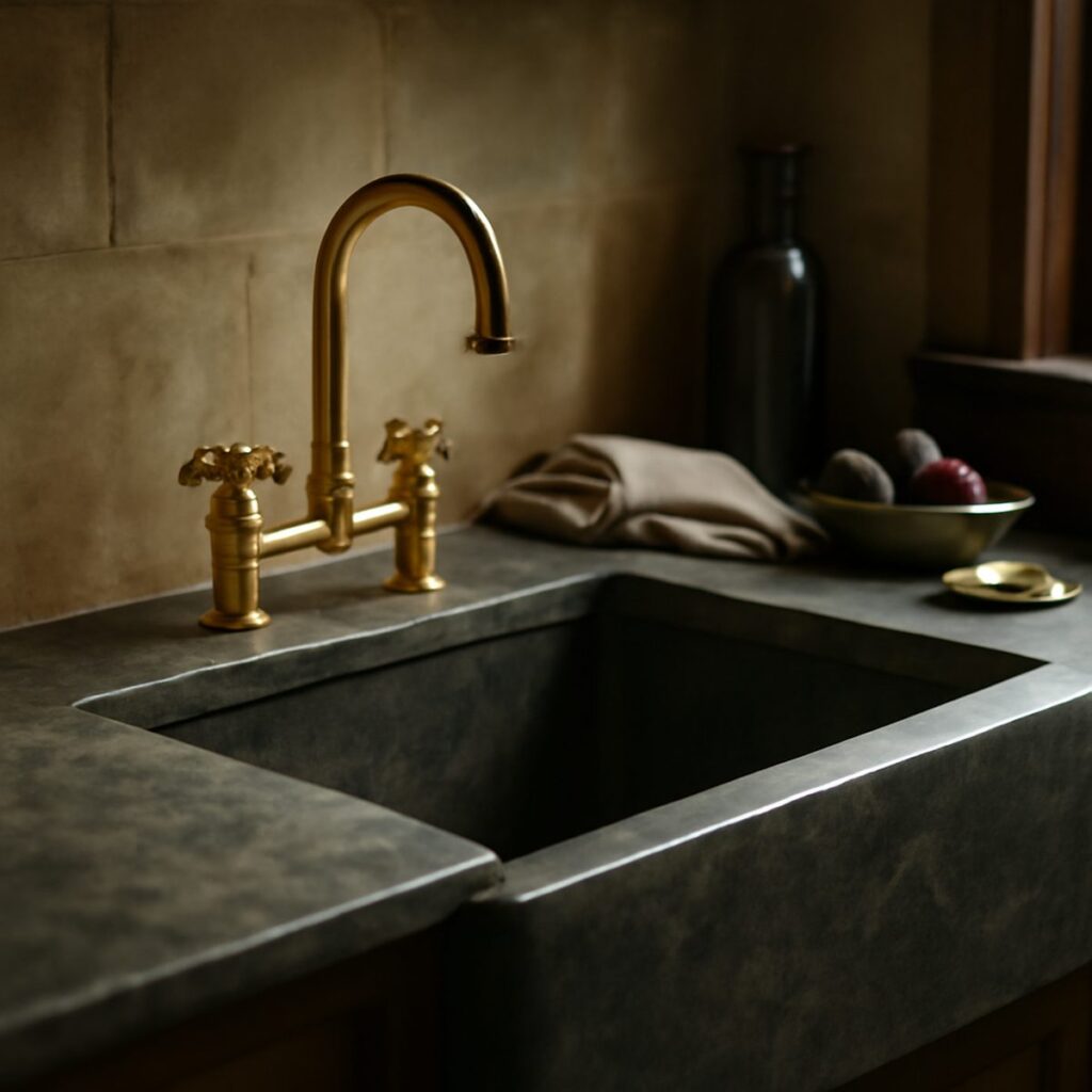 Deep farmhouse sink with brass tap set into a marble countertop