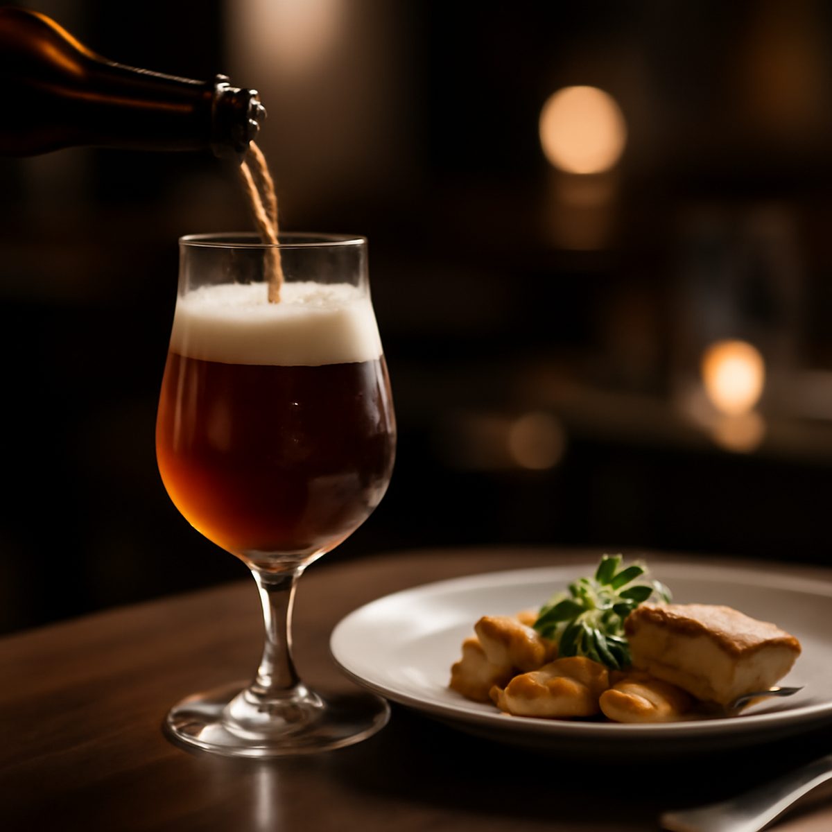 Craft beer poured into tulip glass beside a plated dish