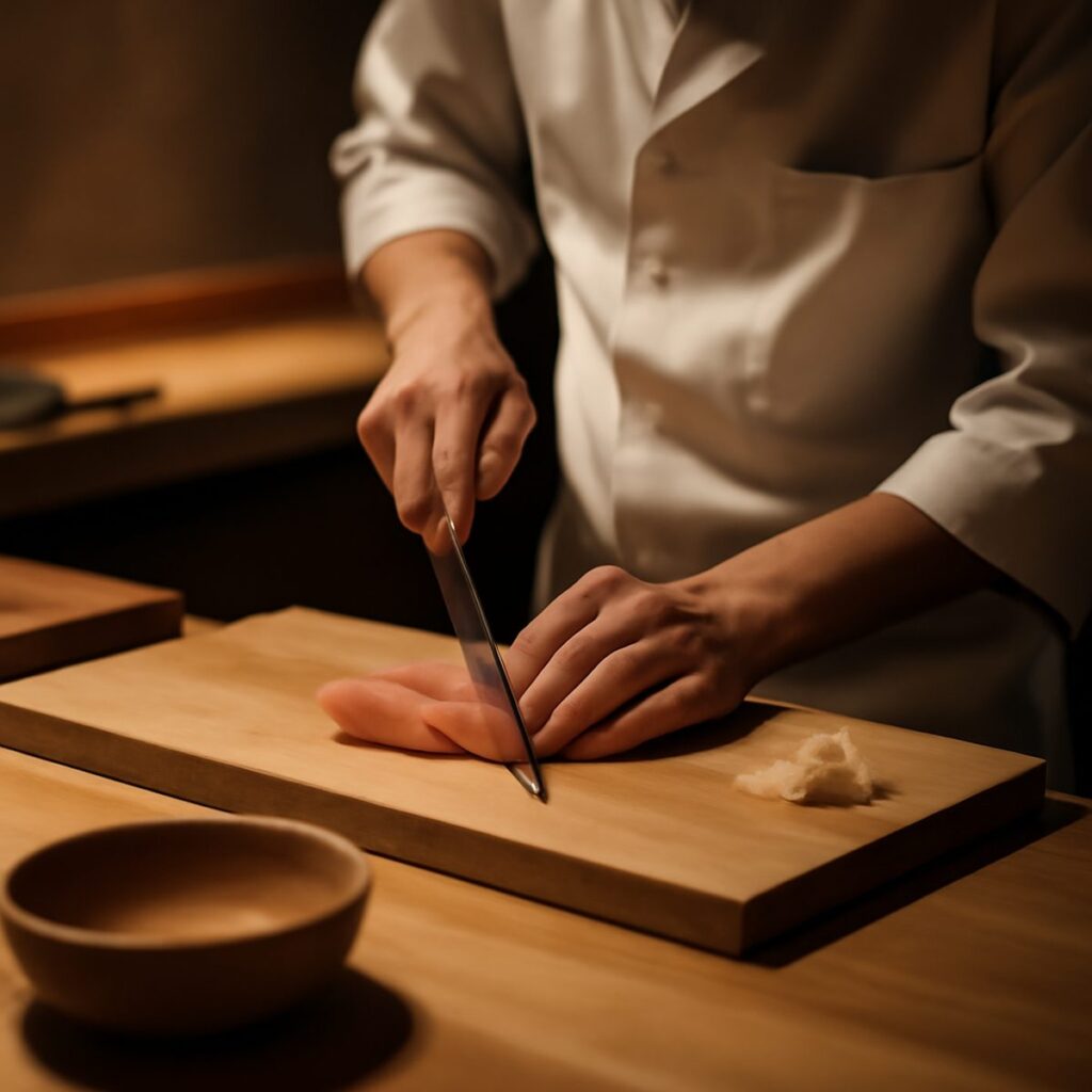 chef slicing fresh fish at a small counter sushi restaurant
