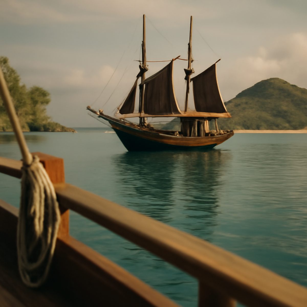 Traditional wooden phinisi sailing boat anchored off a remote green island