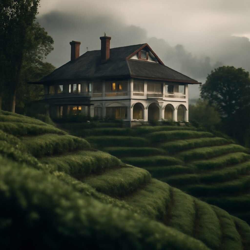 Colonial-era hill station building surrounded by tea plantation terraces