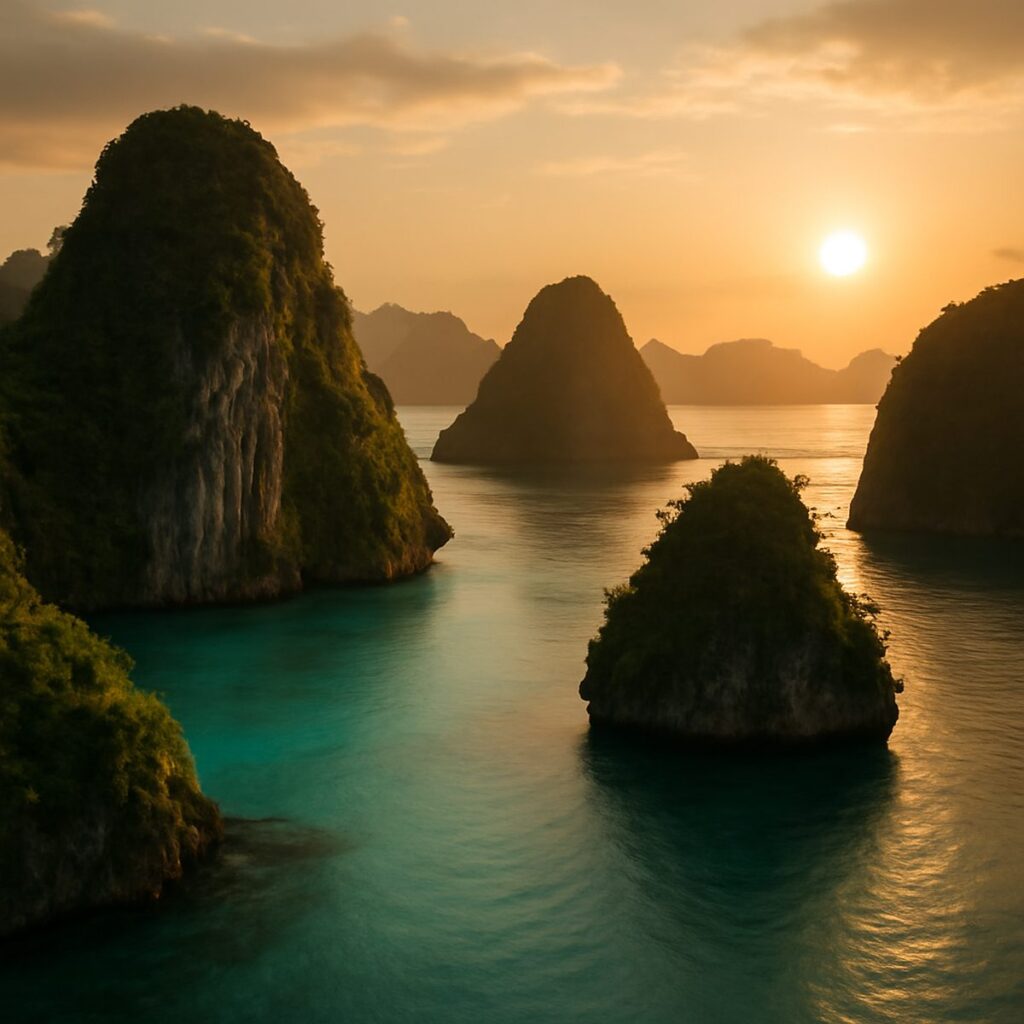 Limestone karst islands rising from turquoise lagoon at sunset