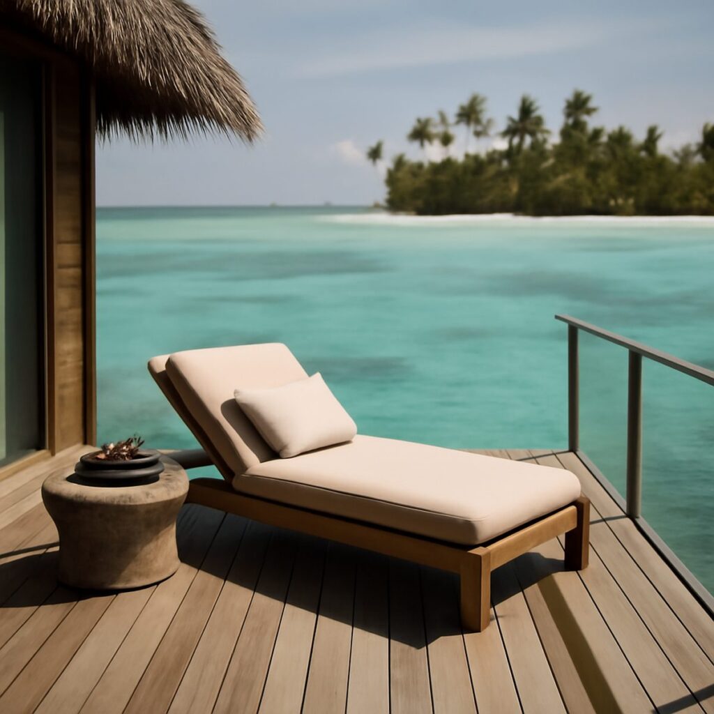 Overwater villa deck with turquoise lagoon and distant palm-fringed island