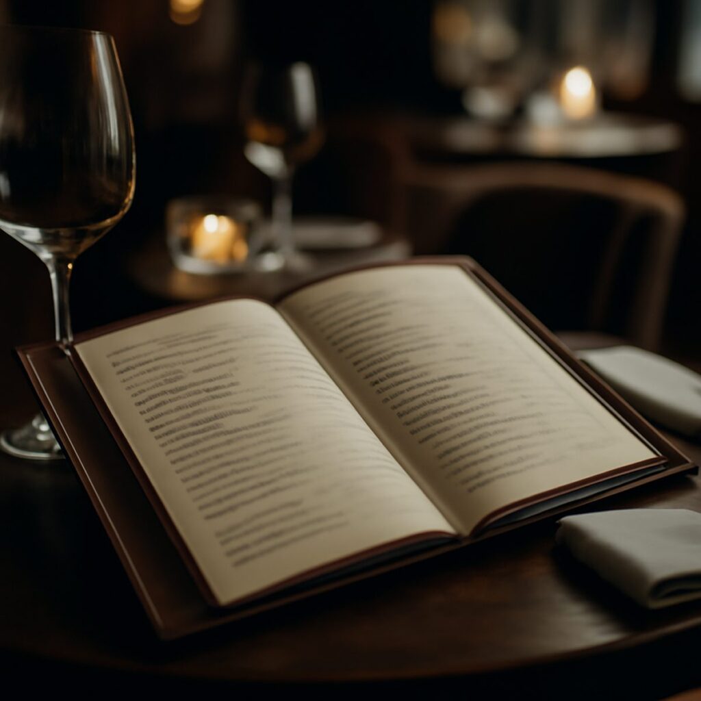 leather-bound restaurant wine list open on a table beside two glasses
