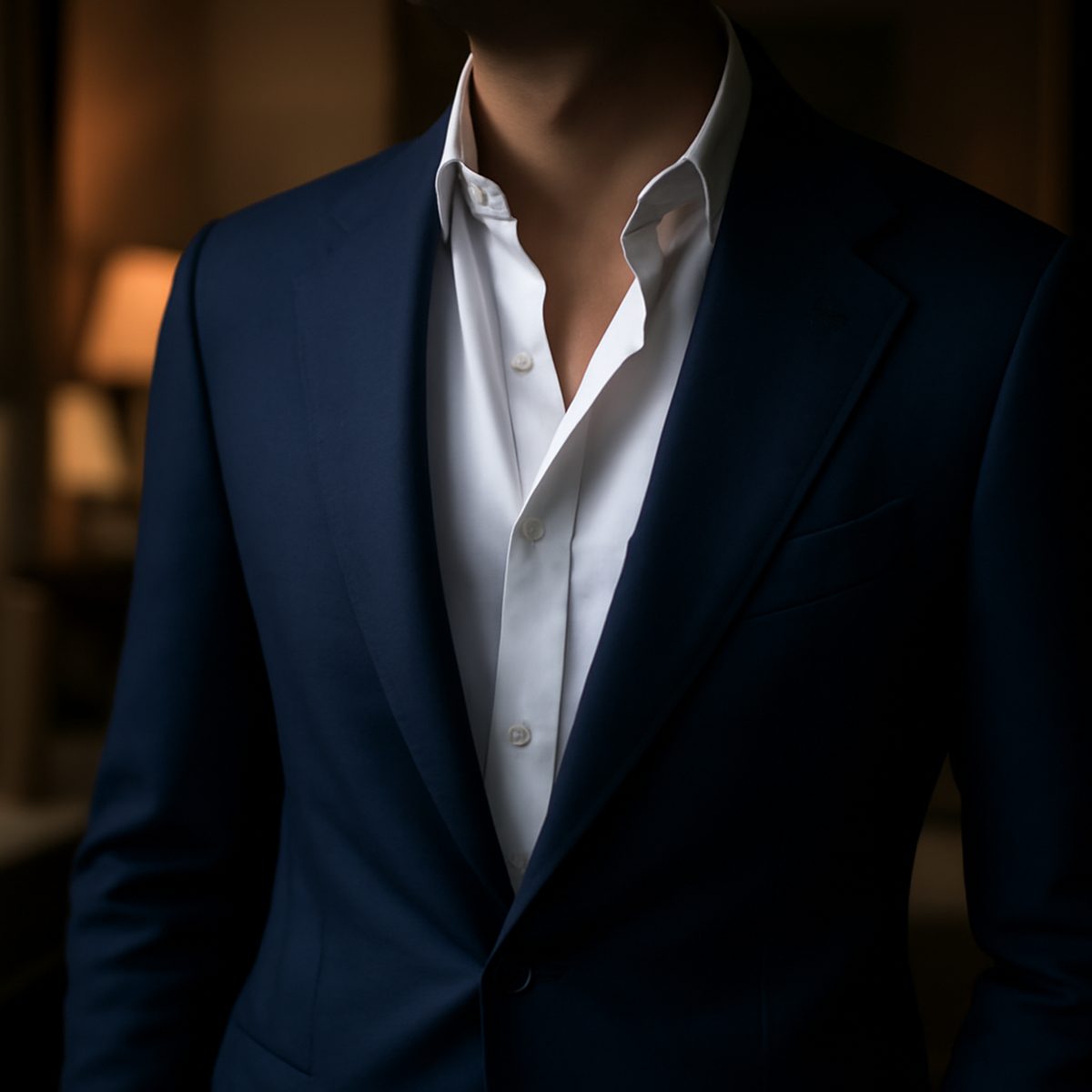 man in tailored navy suit with open collar shirt, no tie