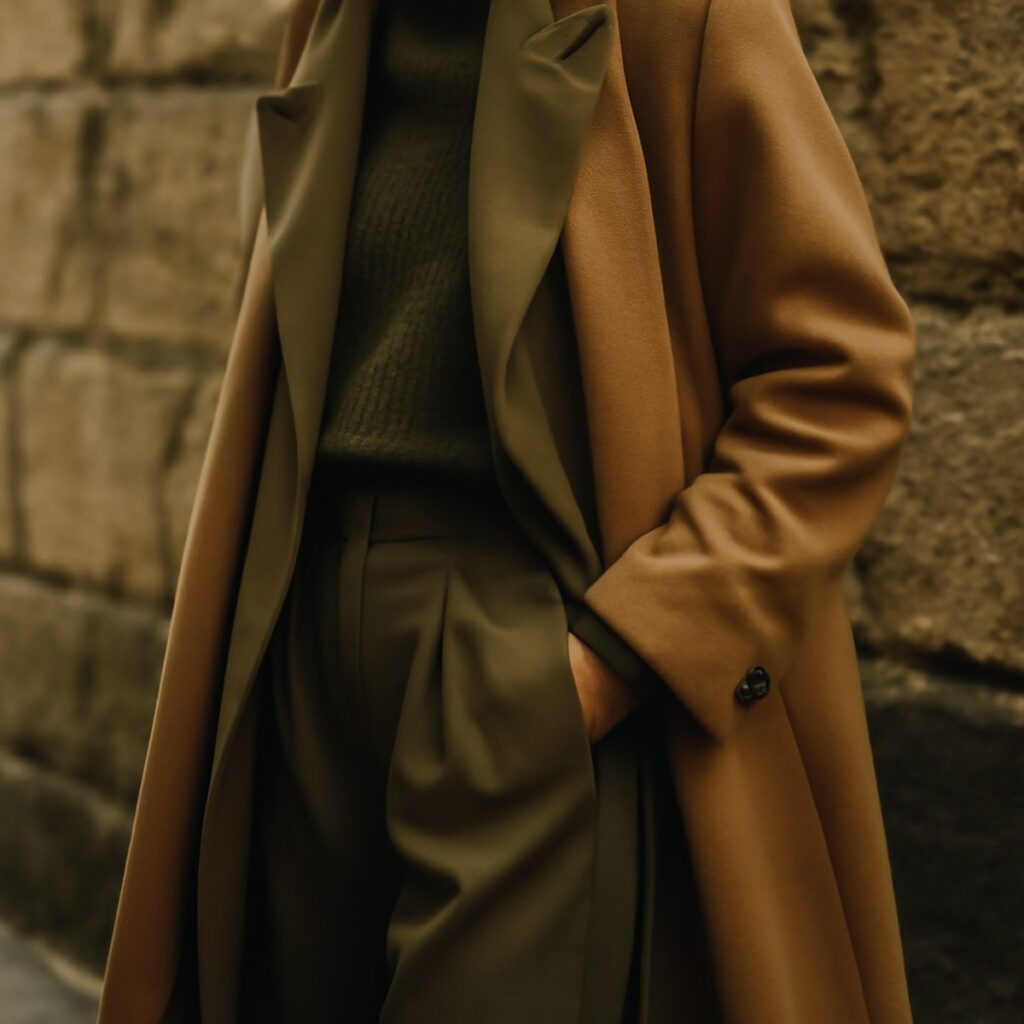 Man in olive jacket and camel trousers walking past a sunlit stone wall