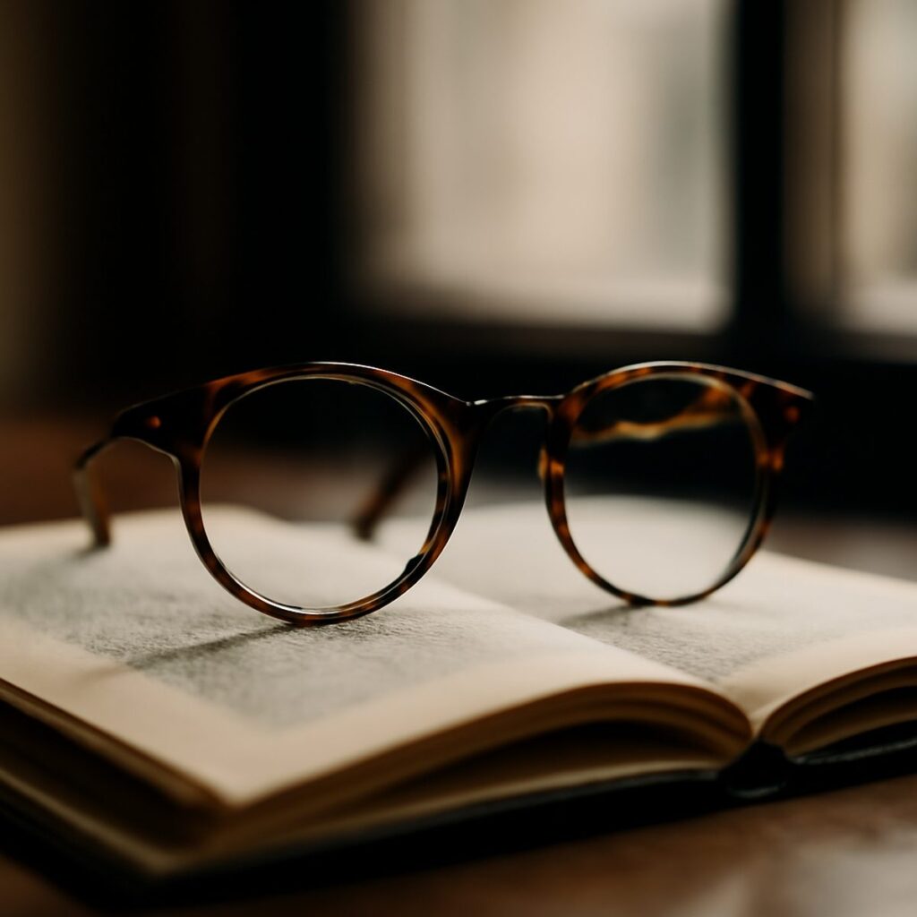 tortoiseshell eyeglasses resting on an open book beside natural light