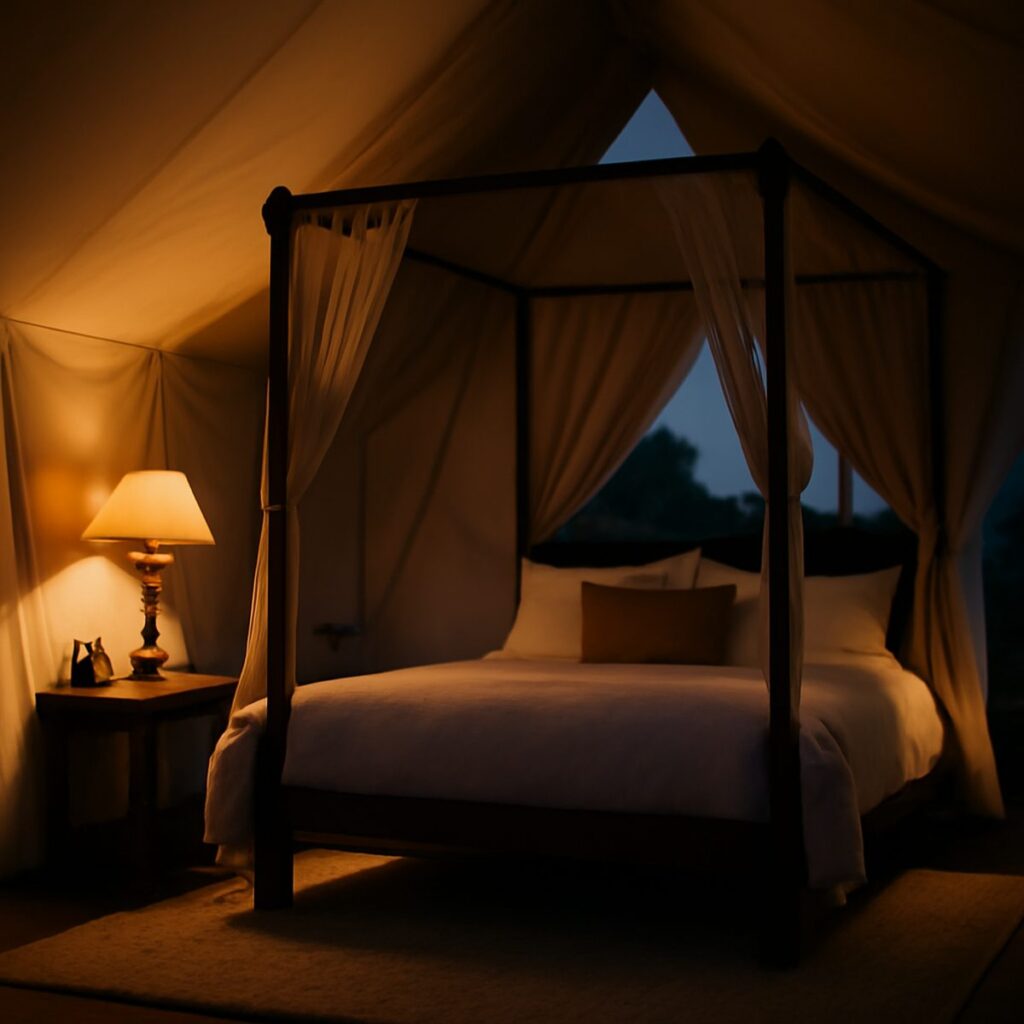 canvas safari tent glowing at dusk beside a jungle ridge