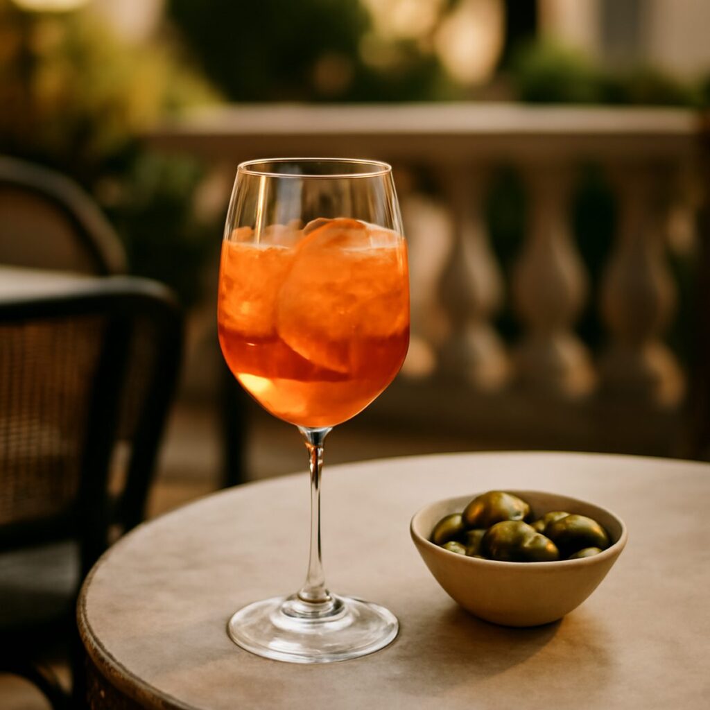 spritz cocktail with olives and snacks on outdoor bar table