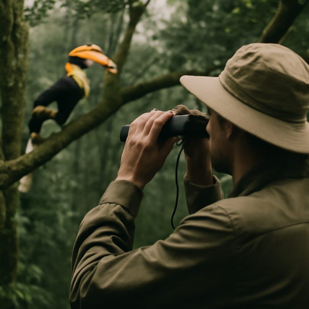 Birdwatcher with binoculars observing hornbill in dense forest canopy
