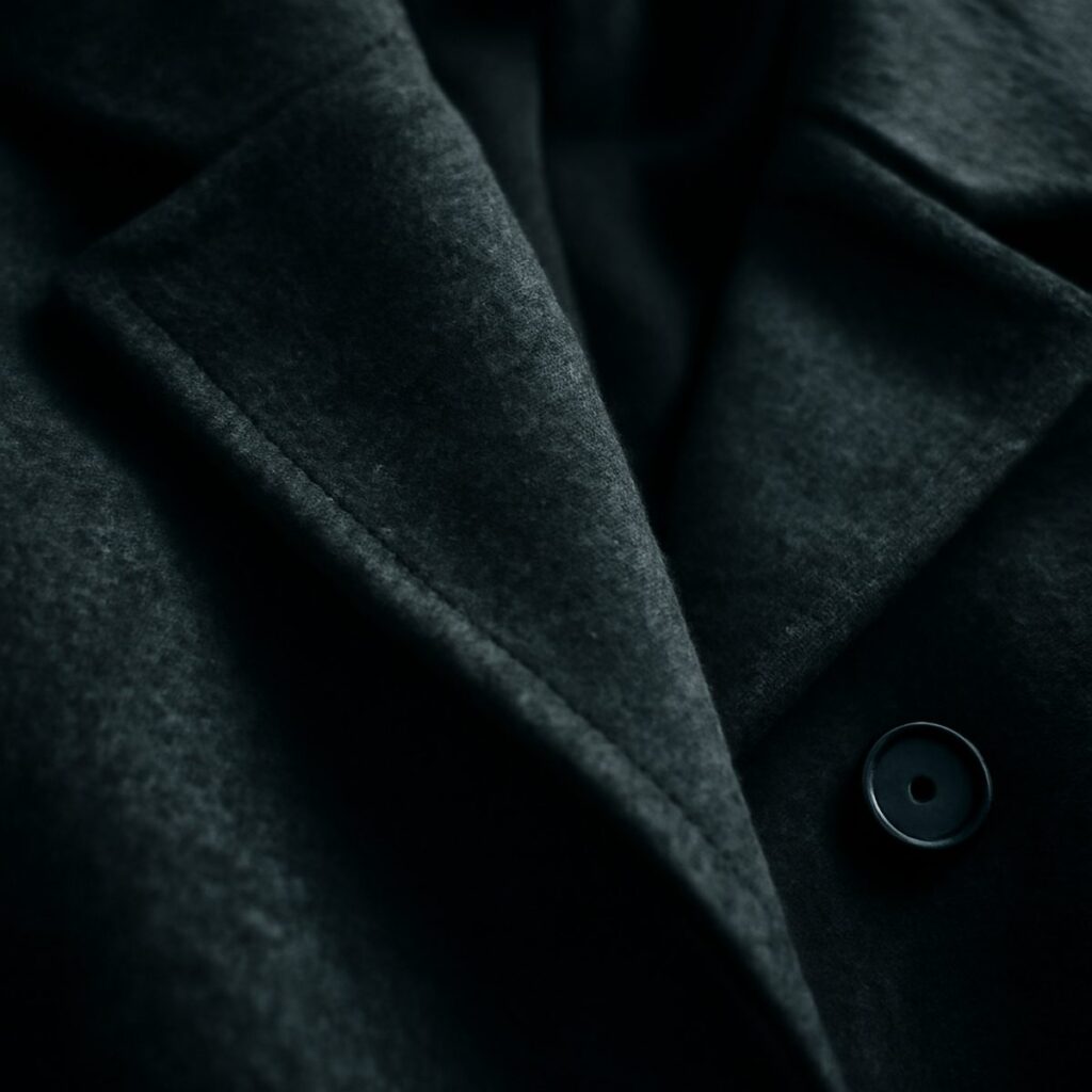Charcoal wool overcoat fabric close-up showing dense melton weave