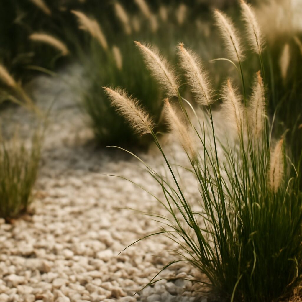 grasses and drought-tolerant plants growing through pale gravel path