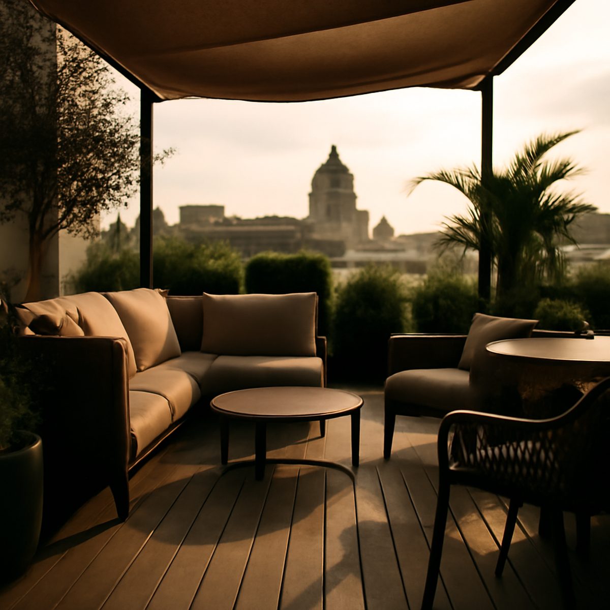 Rooftop terrace with timber decking, shaded seating and potted plants