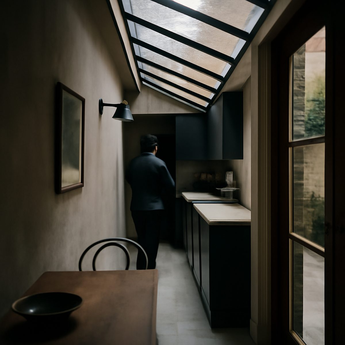Narrow side return extension with glass roof lighting a kitchen