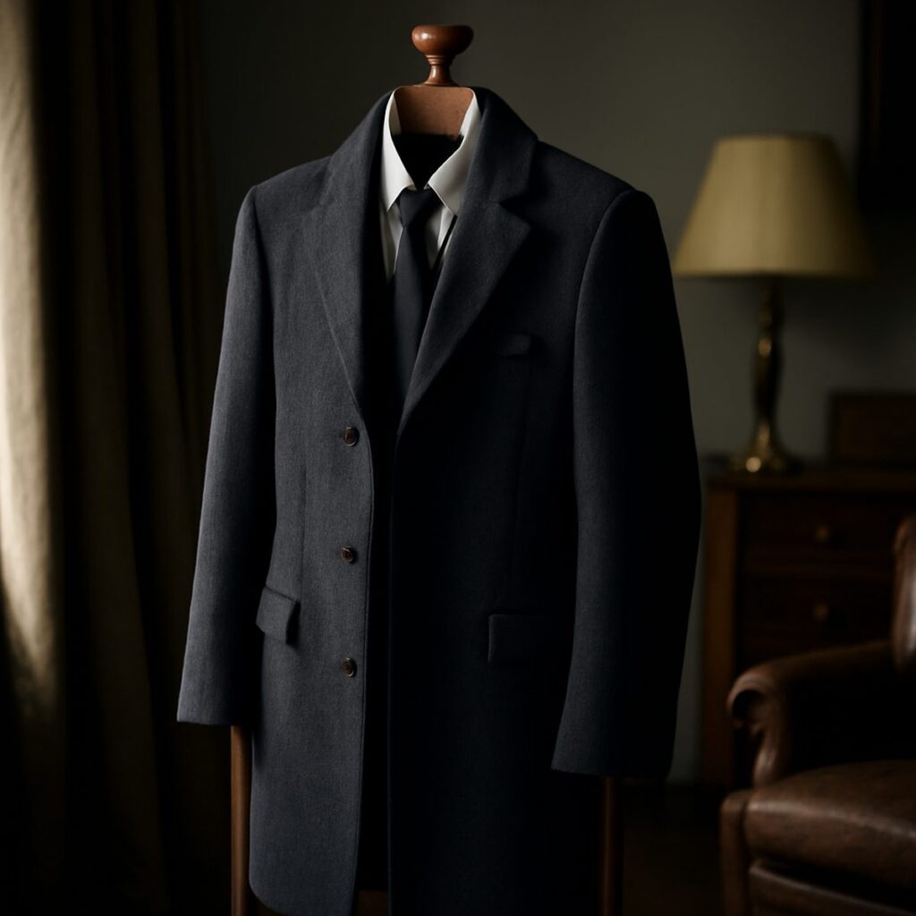 A tailored dark wool coat hanging on a wooden valet stand