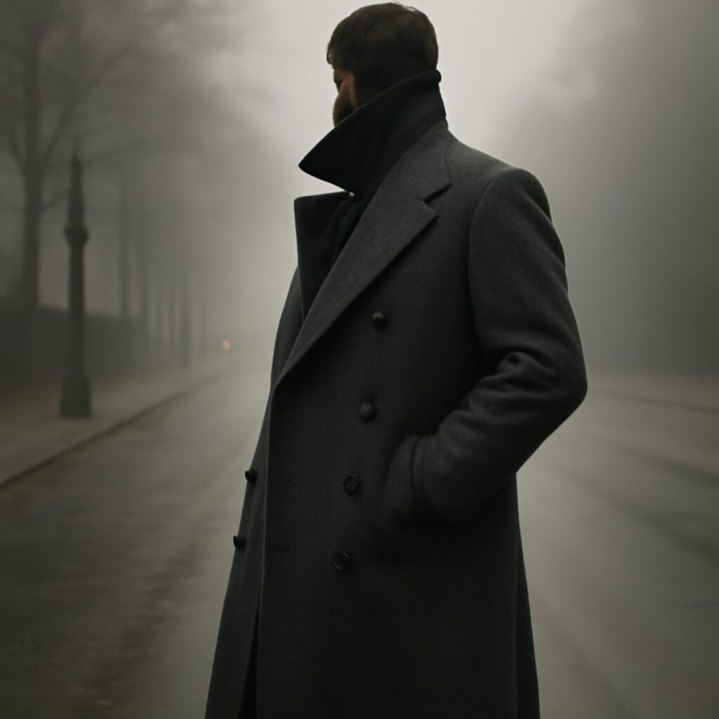 Man in a heavy double-breasted grey greatcoat walking down a foggy street