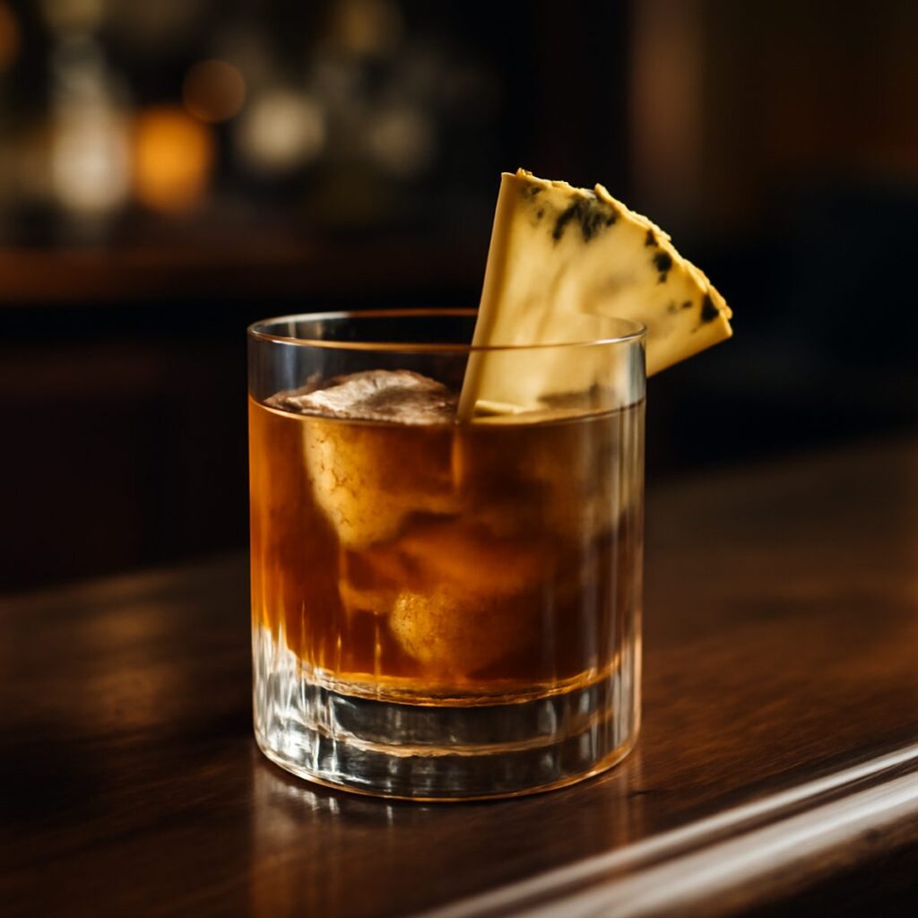 Amber cocktail with pineapple garnish in a rocks glass on dark bar top