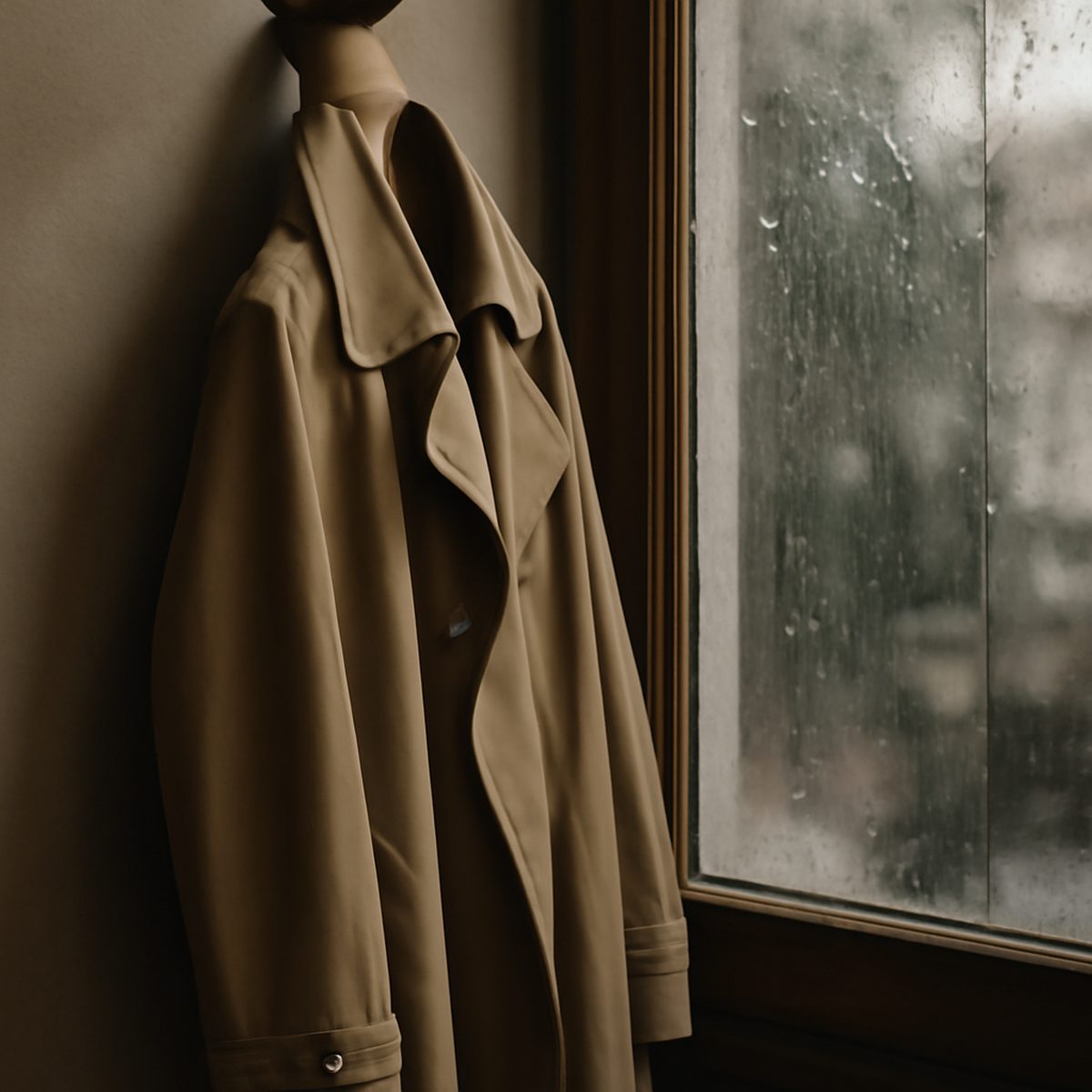 tan mackintosh coat draped over a wooden hook near a rain-streaked window