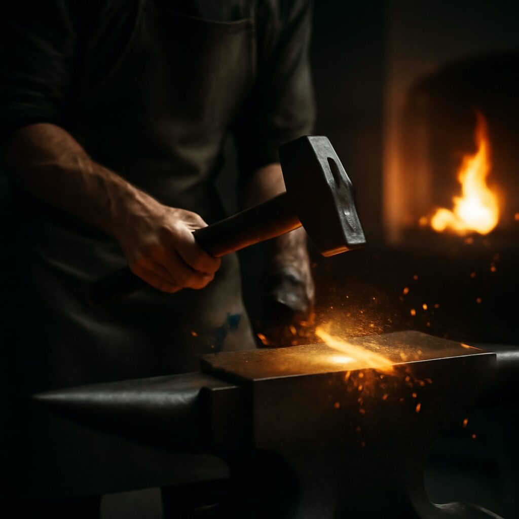 blacksmith hammering glowing metal blade at traditional forge workshop
