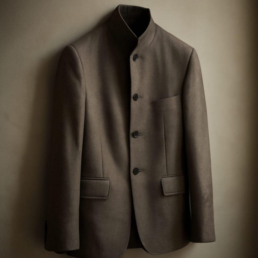 tailored charcoal jacket with a stand-up mandarin collar on a hanger