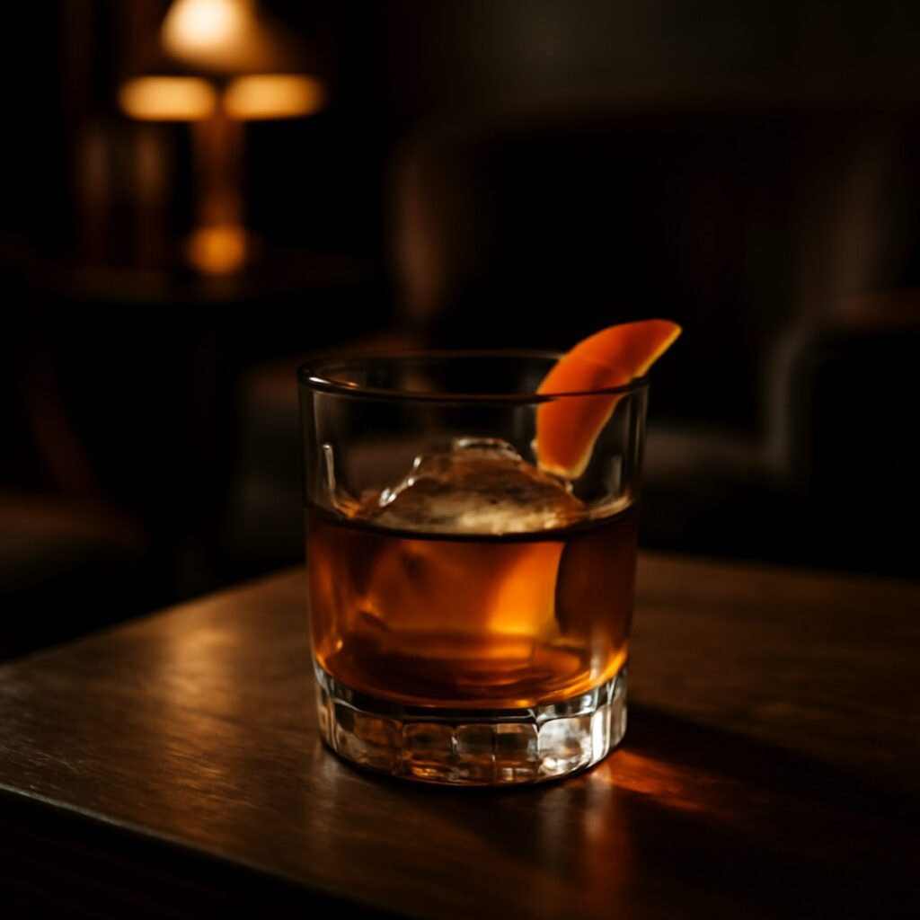 Amber whisky cocktail with a large ice cube and orange peel garnish