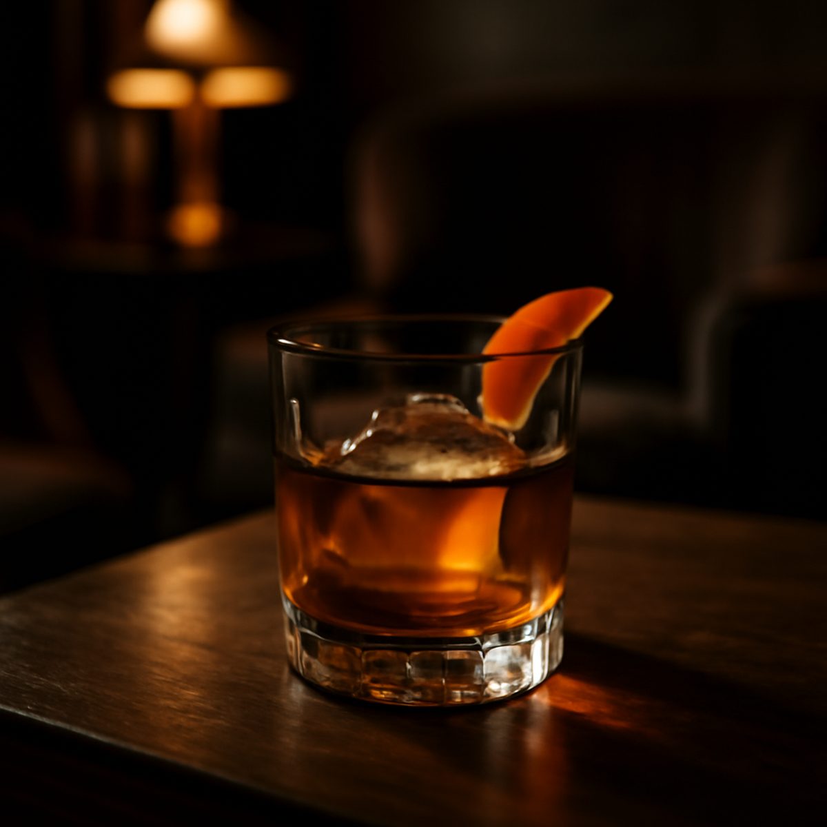 Amber whisky cocktail with a large ice cube and orange peel garnish