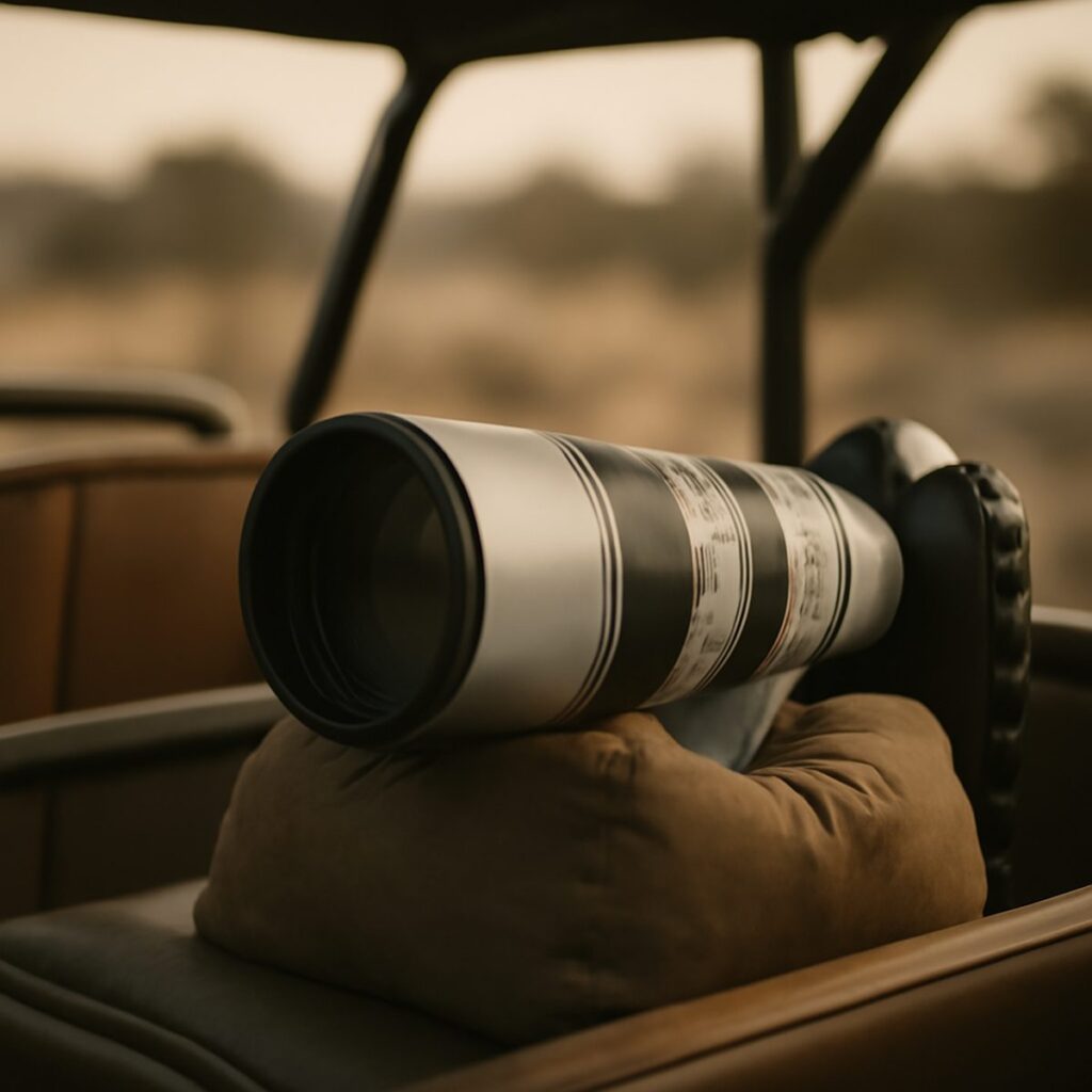 telephoto camera lens resting on beanbag mounted on open-sided safari vehicle