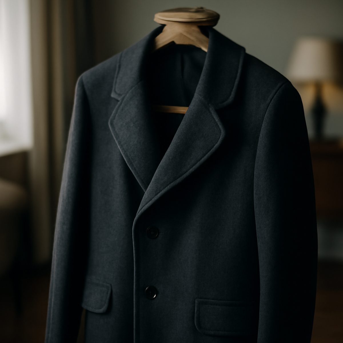 Charcoal wool overcoat with rounded shawl collar hanging on a valet stand