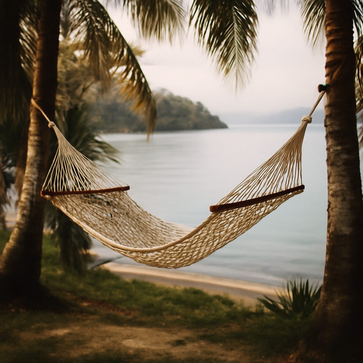 Empty hammock strung between two trees overlooking a calm bay
