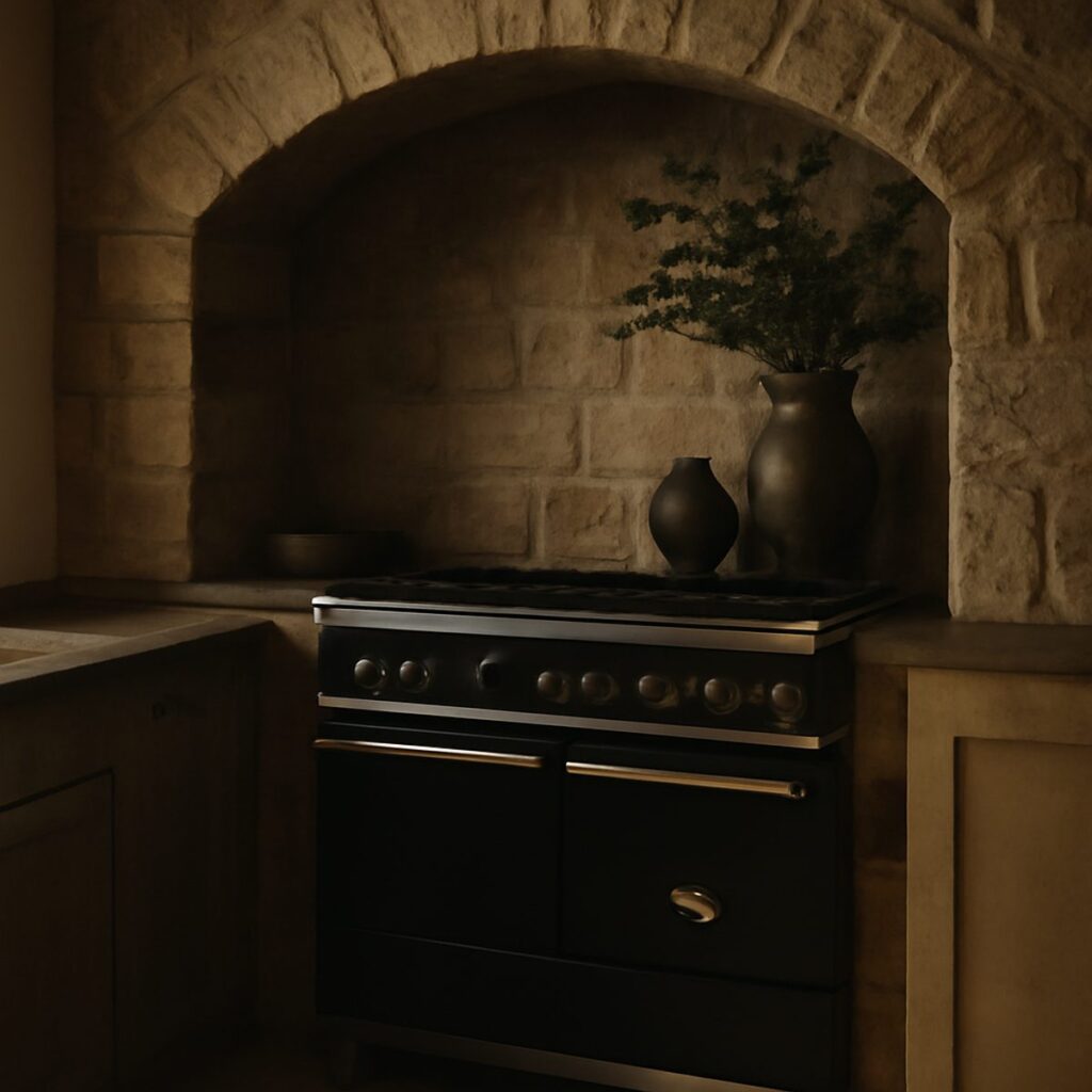 Large range cooker with brass trim set into stone-clad kitchen alcove
