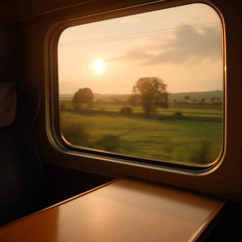 Train window view of passing countryside during golden hour