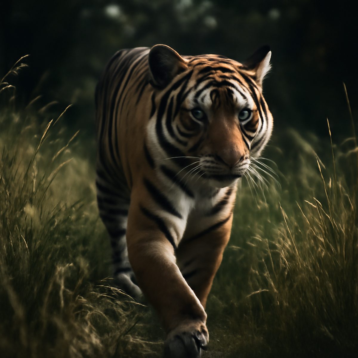 Bengal tiger walking through tall grass in dappled forest light