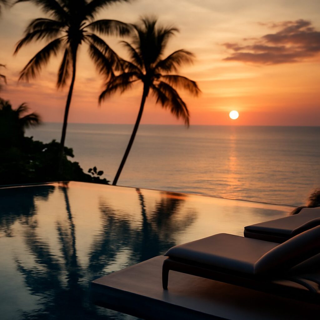 Adults lounging beside an infinity pool overlooking tropical ocean horizon