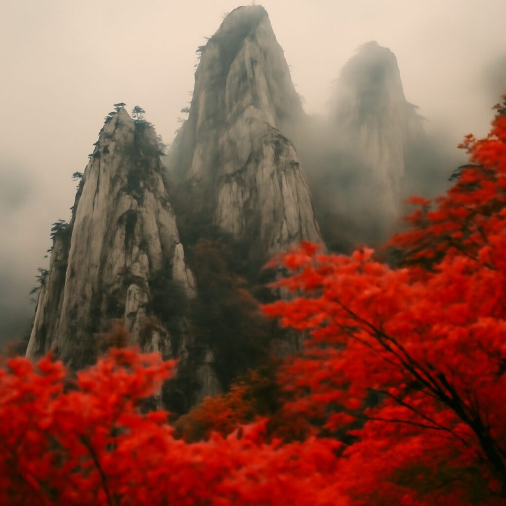 Mist rising over granite mountain peaks with autumn foliage below
