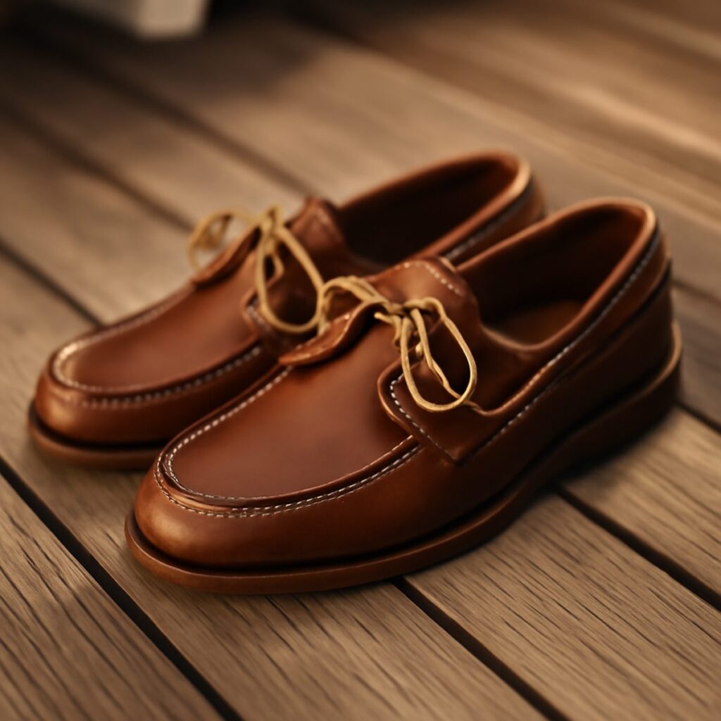 Leather boat shoes with rawhide laces resting on weathered wooden decking