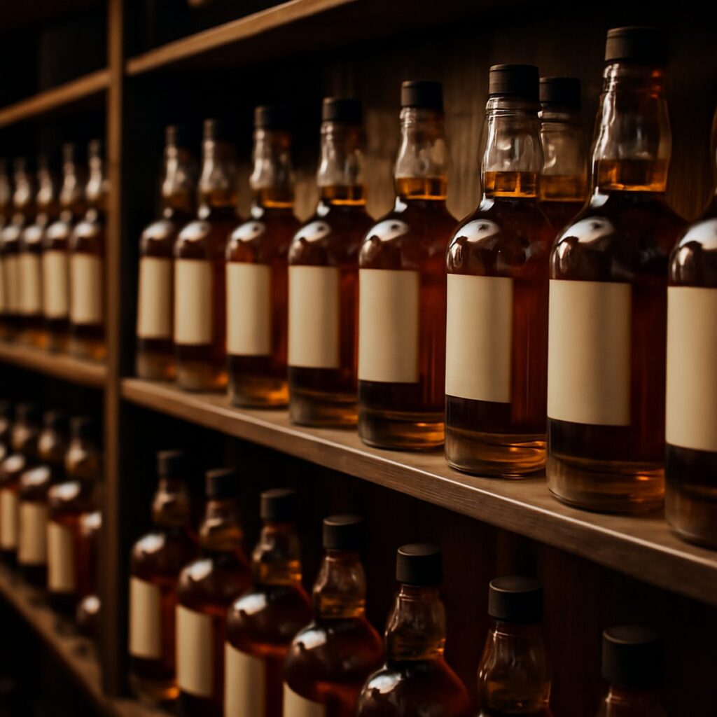 rows of whisky bottles lined up on wooden shelves in a specialist shop